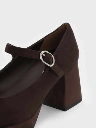 Faux Suede Platform Block-Heel Mary Jane Pumps, Dark Brown Textured, hi-res