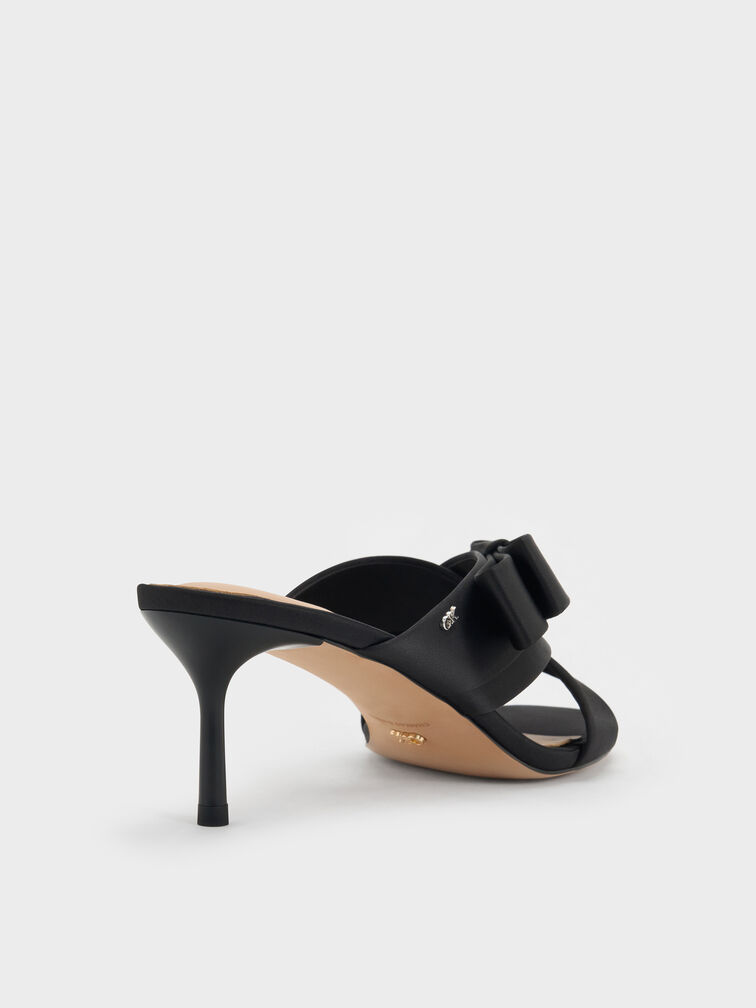 Sepatu Mules Heeled Pleated-Bow, Black Textured, hi-res