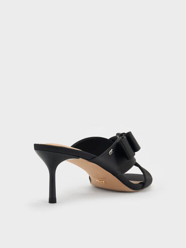 Sepatu Mules Heeled Pleated-Bow, Black Textured, hi-res