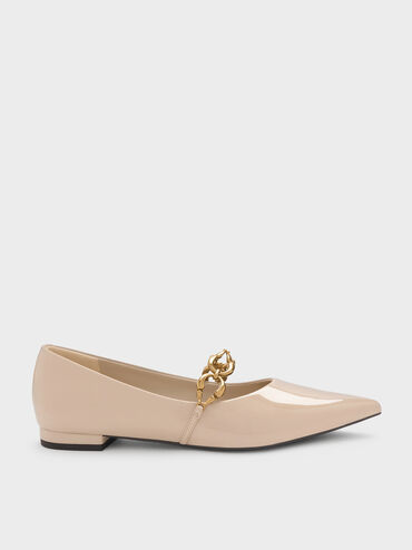 Sepatu Flats Ballet Metallic-Accent Patent, Nude, hi-res