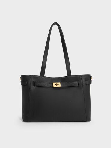 Dinora Belted Tote Bag, Black, hi-res