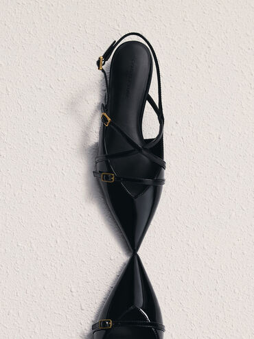 Sepatu Flats Slingback Strappy Patent Maybelle, Black Patent, hi-res