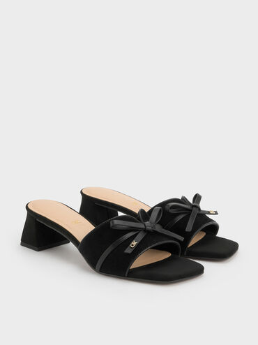 Sepatu Mules Heeled Bow Leather & Suede, Black Textured, hi-res