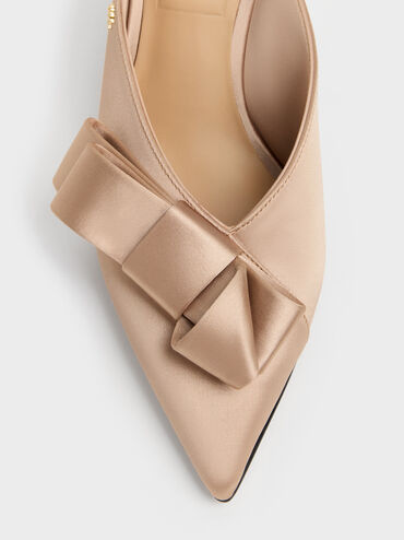 Sepatu Mules Heeled Pointed Pleated-Bow, Nude, hi-res