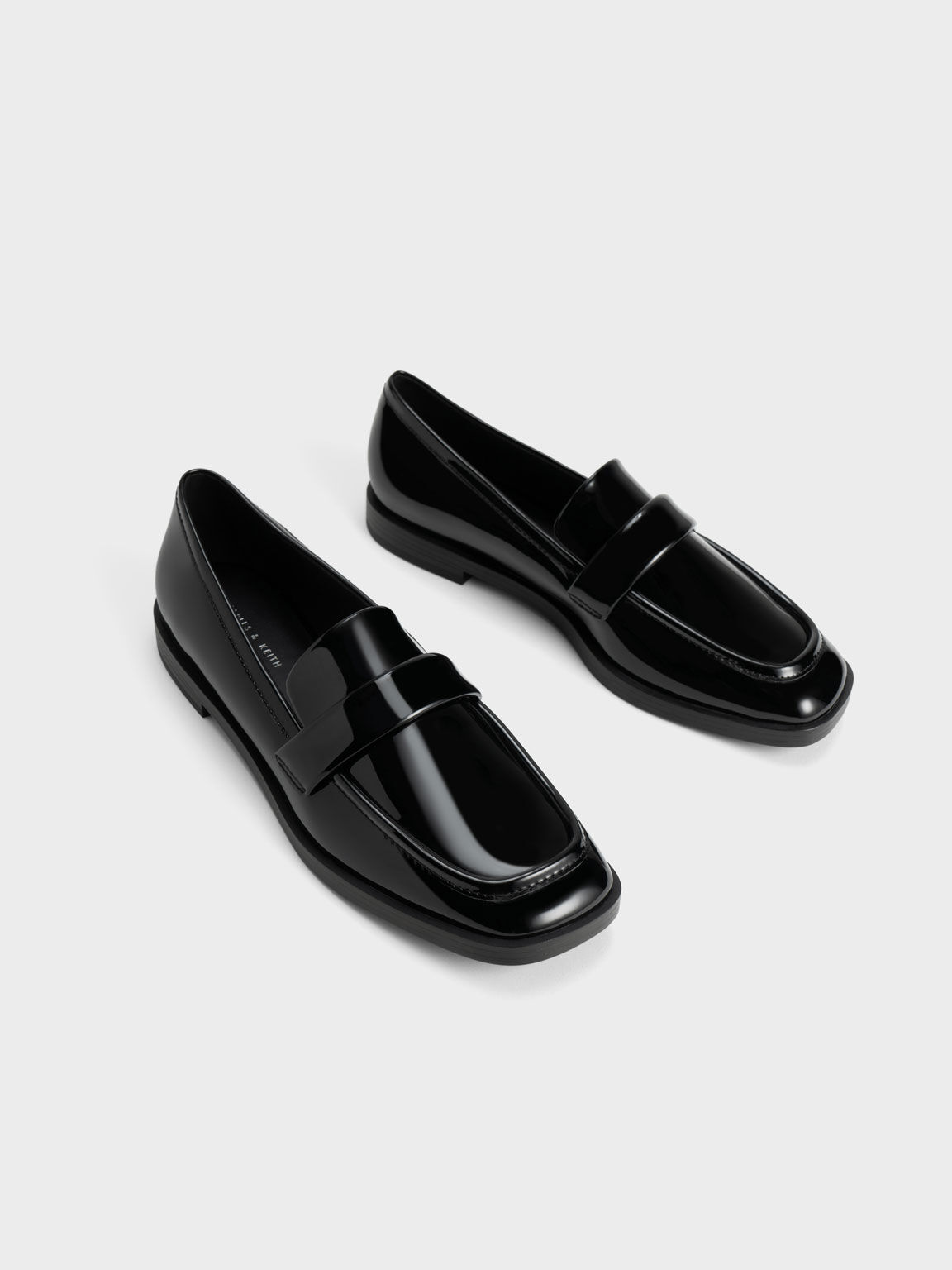 Patent Square-Toe Penny Loafers, Black Textured, hi-res