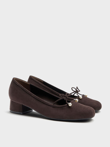 Barbara Faux Suede Pearl-Embellished Bow Ballet Pumps, Dark Brown Textured, hi-res