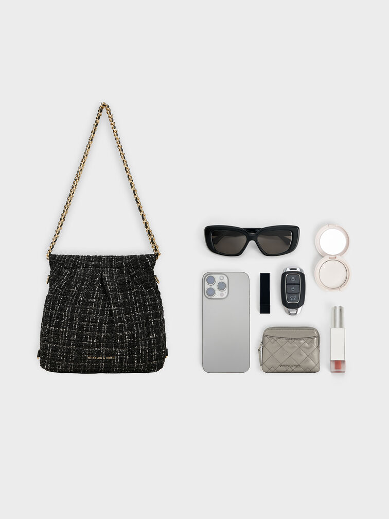 Tas Ransel Two-Way Chain-Handle Tweed Duo, Black Tweed, hi-res