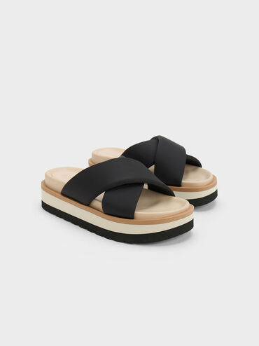 Crossover Platform Slide Sandals, Black, hi-res