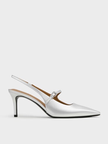 Metallic Pointed Slingback Mary Jane Pumps, Silver, hi-res
