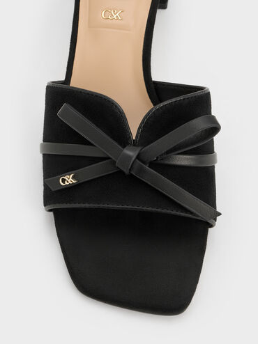 Sepatu Mules Heeled Bow Leather & Suede, Black Textured, hi-res