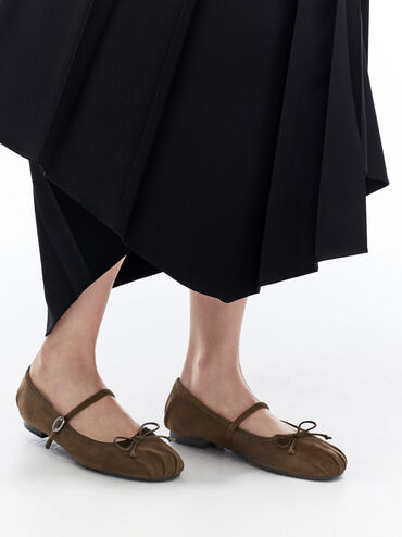 Emiko Faux Suede Bow Mary Jane Flats, Dark Brown Textured, hi-res