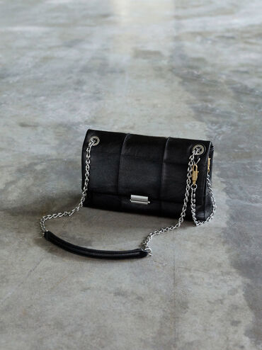 Tas Bahu Chain-Strap Quilted Delfina, Black, hi-res