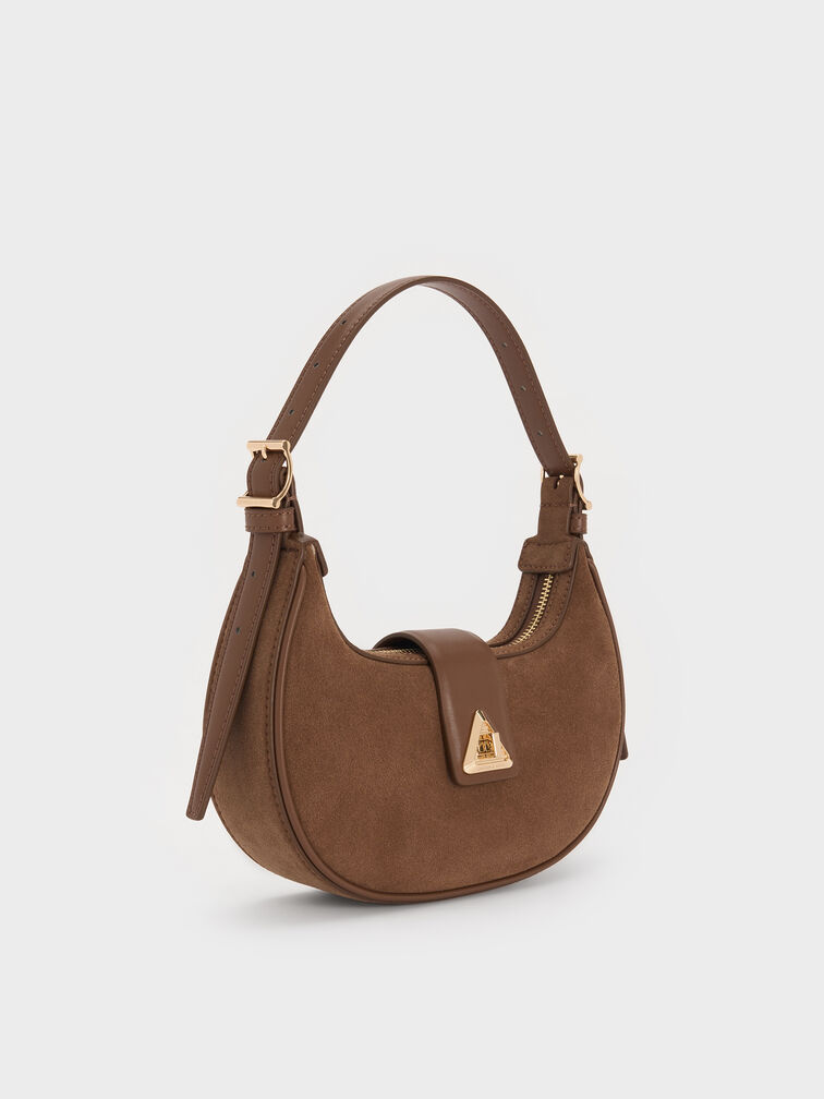 Trice Recycled Suede Metallic-Accent Belted Shoulder Bag, Mocha Brown, hi-res