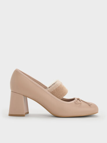 Sepatu Pumps Mary Jane Furry-Strap Bow Winona, Nude, hi-res