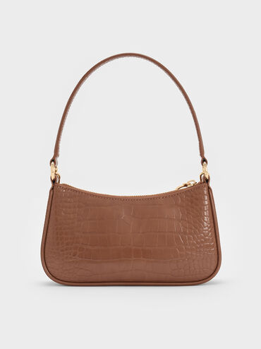 Tas Bahu Chain-Link Croc-Effect Eispeth, Chocolate Croco, hi-res
