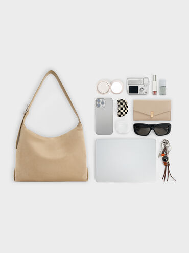 Larsen Recycled Suede Buckle-Strap Hobo Bag, Nutmeg Beige, hi-res