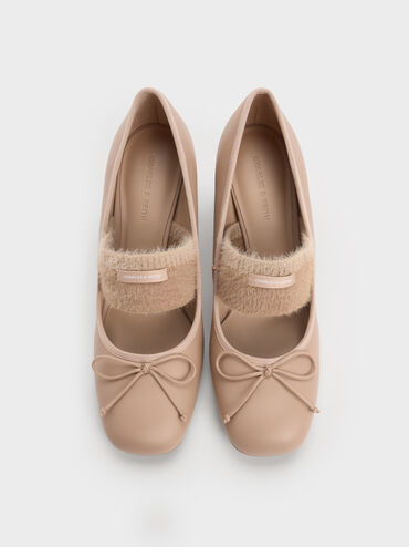 Sepatu Pumps Mary Jane Furry-Strap Bow Winona, Nude, hi-res