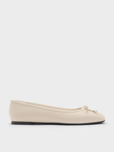 Sepatu Ballet Flats Pearl-Embellished Bow Barbara, Chalk, hi-res