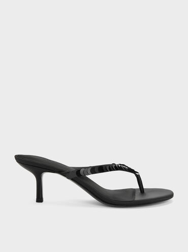 Sandal Thong Heeled Sequinned Briella, Black Textured, hi-res