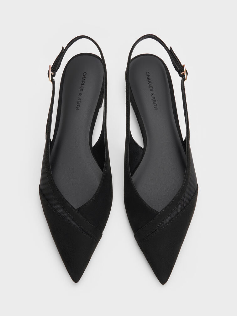 Sepatu Flats Slingback Suede & Mesh Faux, Black Textured, hi-res