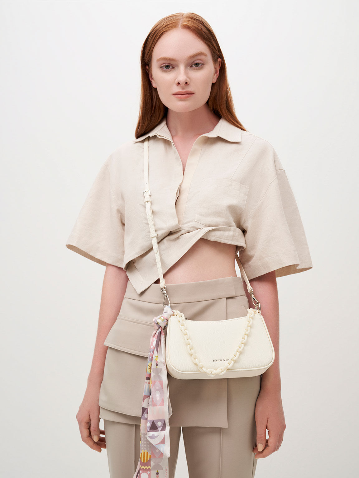 Alcott Scarf Chain-Link Shoulder Bag, Cream, hi-res