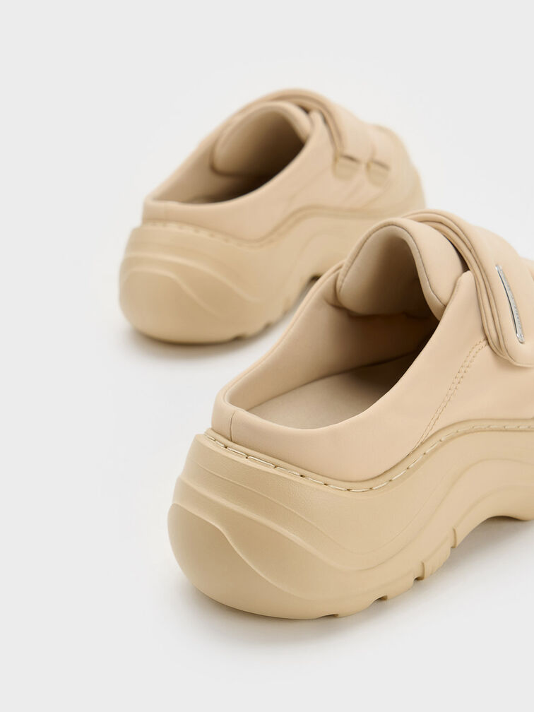 Nylon Padded Double-Strap Slip-On Sneakers, Beige, hi-res