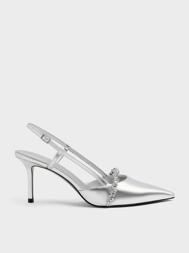 Sepatu Pumps Slingback Crystal Metalik, Silver, hi-res