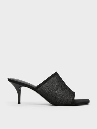 Sepatu Mules Heeled Glittered Mesh, Black Textured, hi-res
