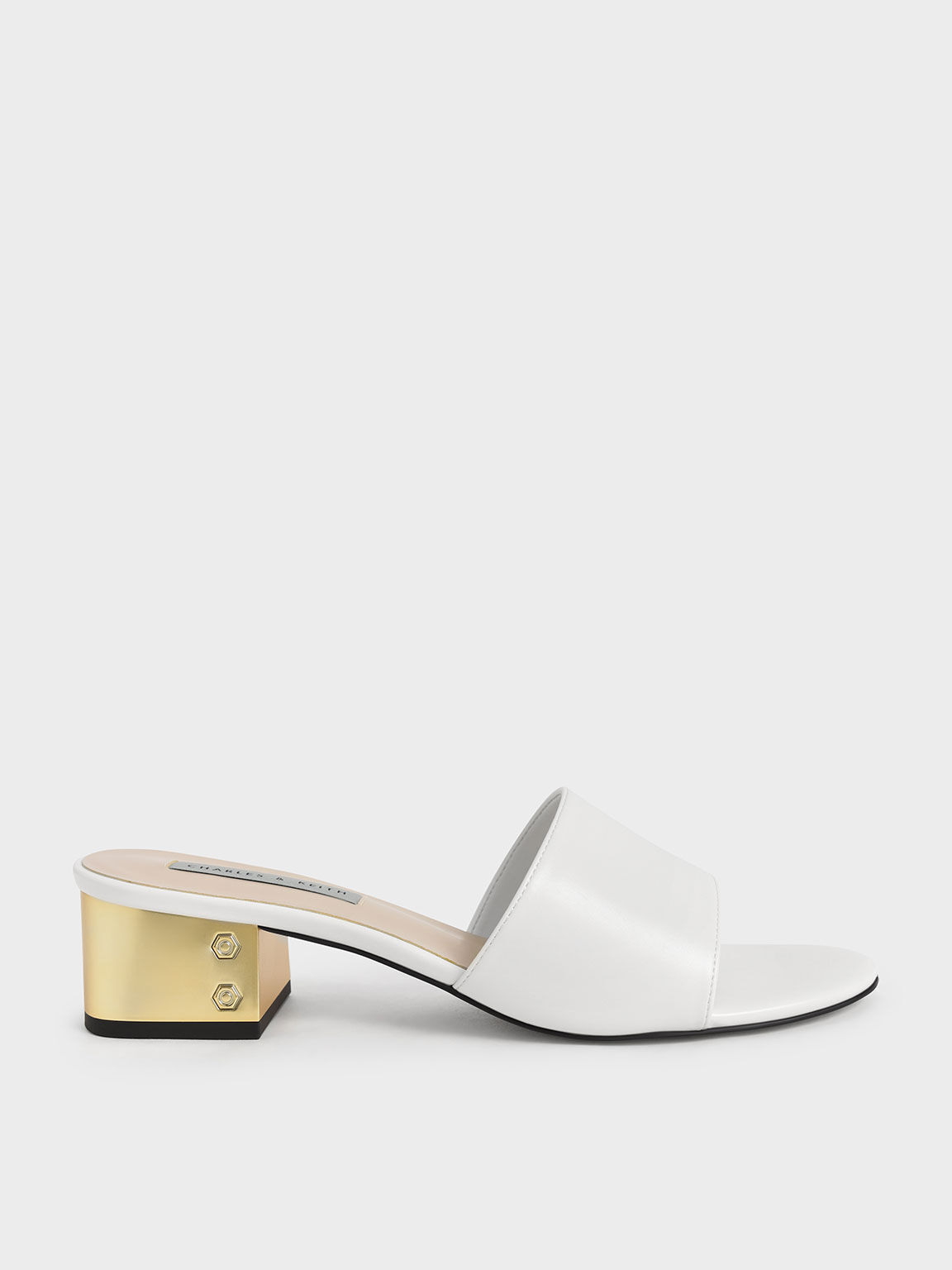 Sandal Mules Heel Open-Toe Metallic, White, hi-res