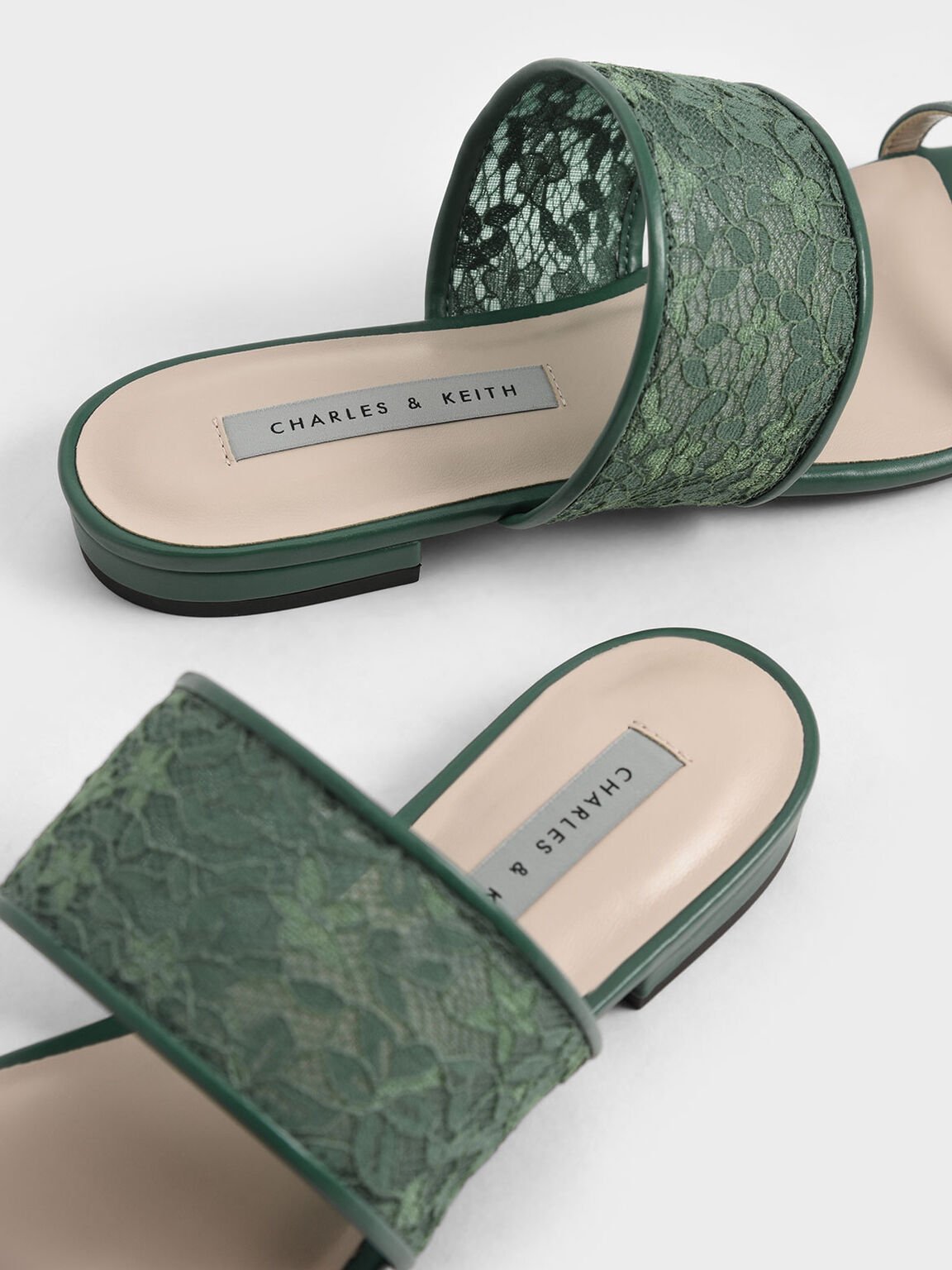 Lace & Mesh Slide Sandals, Green, hi-res