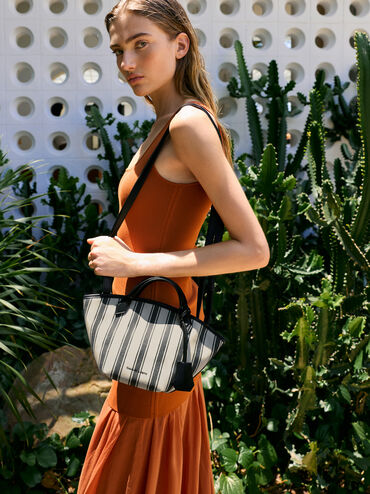 Tas Tote Striped Ivanna Mini Canvas, Noir, hi-res