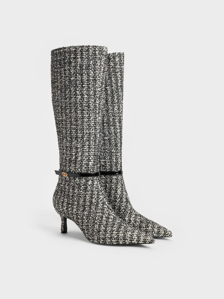 Tweed Pointed Heeled Knee-High Boots, Black Textured, hi-res