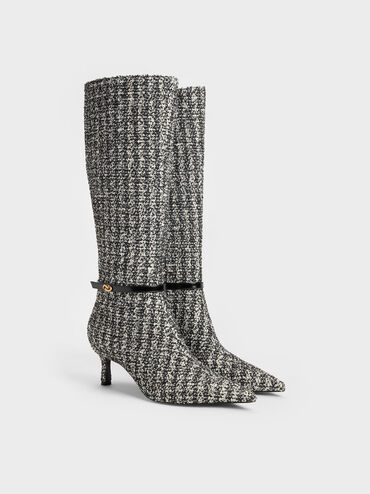Tweed Pointed Heeled Knee-High Boots, Black Textured, hi-res