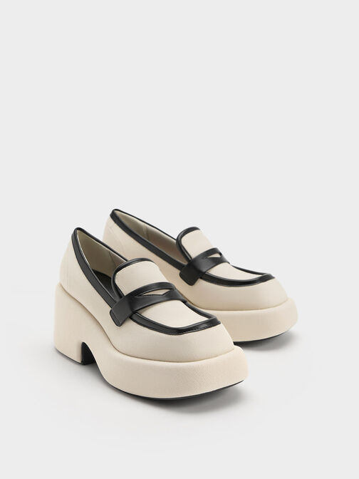 Sepatu Loafers Platform Leni Canvas, Black, hi-res
