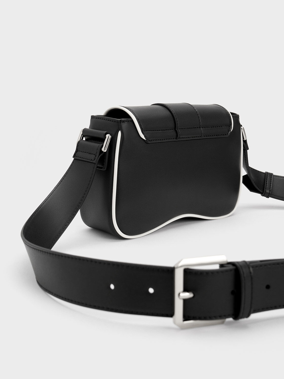 Belted Curved Shoulder Bag, Black, hi-res
