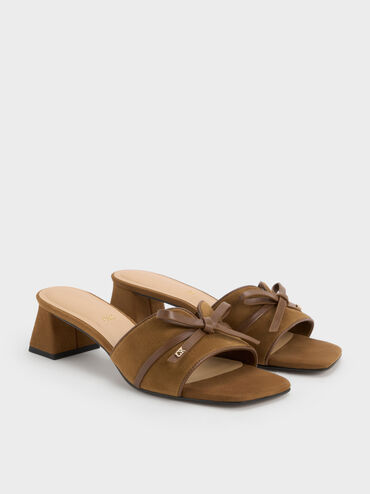 Sepatu Mules Heeled Bow Leather & Suede, Brown, hi-res
