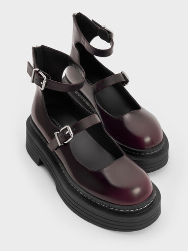Sepatu Mary Janes Platform Ankle-Strap Buckled, Burgundy, hi-res