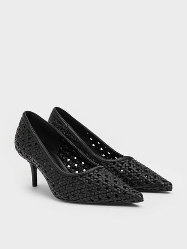 Woven Pointed Stiletto Pumps, Black, hi-res