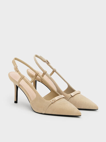 Faux Suede Metallic-Bar Pointed Slingback Pumps, Beige, hi-res