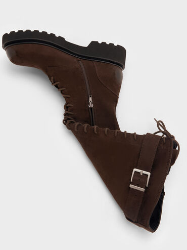 Sepatu Knee-High Boots Buckle-Strap Lace-Up Darian Faux Suede, Dark Brown Textured, hi-res