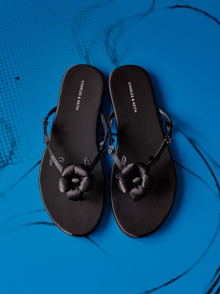 Sandal Thong Flower Puffy, Black Textured, hi-res