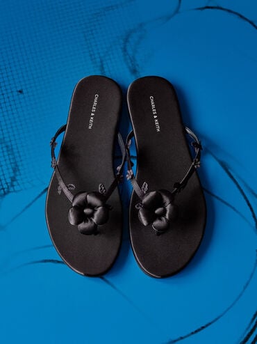 Sandal Thong Flower Puffy, Black Textured, hi-res