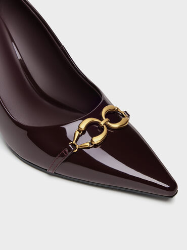 Sepatu Pumps Pointed Metallic-Buckle Patent, Burgundy, hi-res