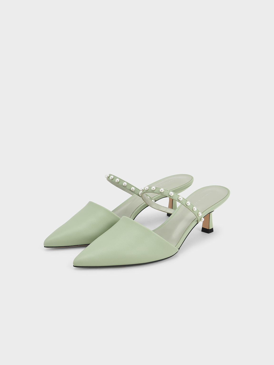 Sepatu Mules Kitten-Heel Pearl-Embellished, Sage Green, hi-res