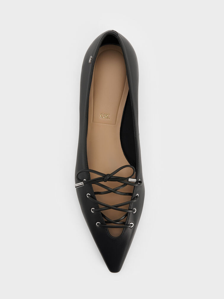 Sepatu Flats Lace-Tie Jianna Leather, Black, hi-res