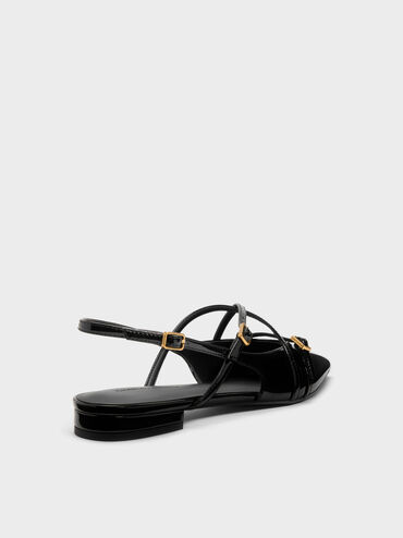 Sepatu Flats Slingback Strappy Patent Maybelle, Black Patent, hi-res