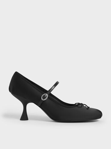 Sepatu Pumps Mary Jane Satin Bow, Black, hi-res