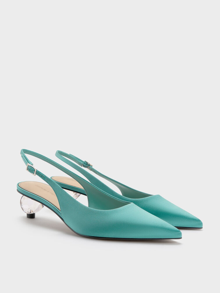 Pointed Crystal-Heel Slingback Pumps, Teal, hi-res