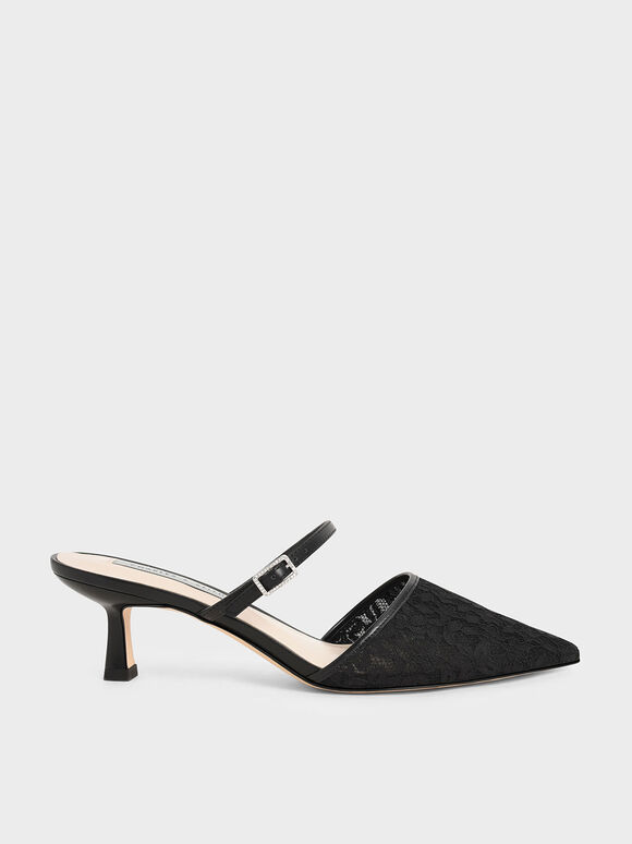 Sepatu Mules Lace & Mesh Embellished-Buckle, Black, hi-res