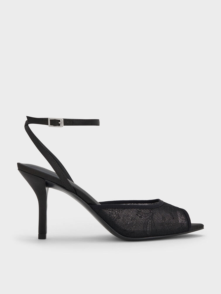 Sepatu Heels Peep-Toe Lace & Satin, Black Textured, hi-res